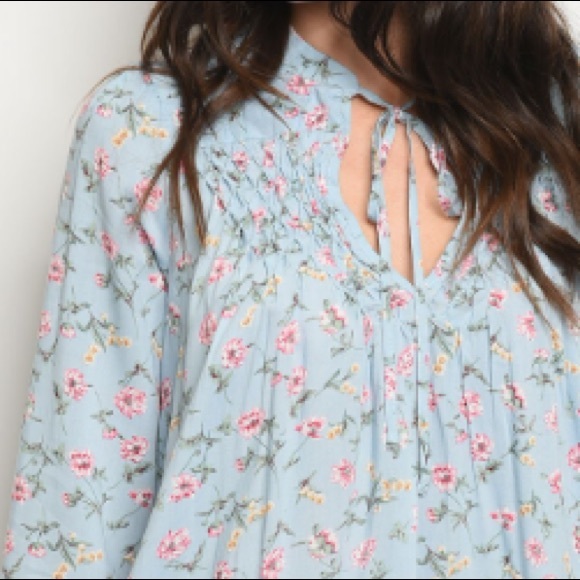 Pale blue floral dress w/high-neck tie - Picture 6 of 8